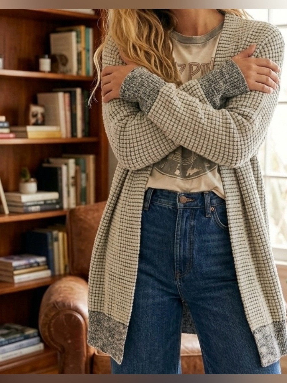 Soft Surroundings Caressa Cozy Longline Cardigan in Light Blue Cream Size Small